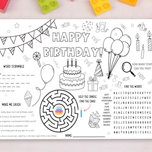 Set de table à colorier pour anniversaire, coloriage d'anniversaire pour enfants à imprimer, feuille d'activités pour enfants, activité de fête sans distinction de sexe, activité d'anniversaire d'enfant