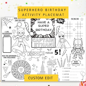 Superhero Birthday Party Activity, Coloring Birthday Placemat, Superhero Comic Birthday Games, Super Birthday, Birthday Favor
