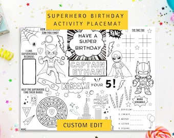 Mantel individual para colorear de superhéroes para cumpleaños de niños (Descargar PDF)