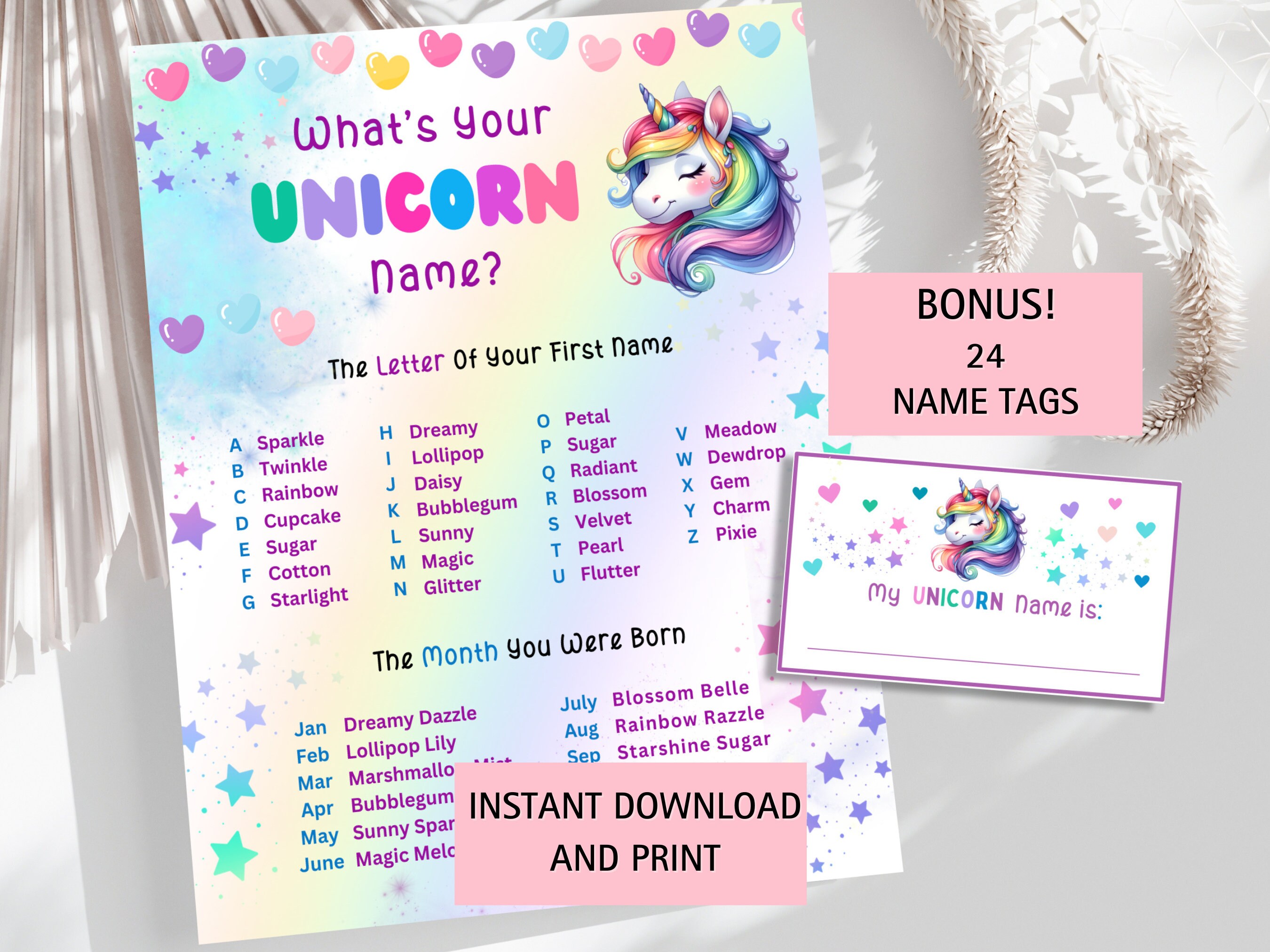 WHAT'S Your Unicorn Name, Game Sign and Tag Unicorn Birthday Party ...