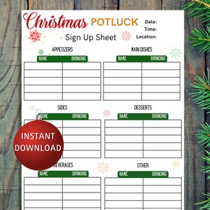 Op de afbeelding: Een printbaar inschrijfformulier voor een kerstpotluck met secties voor hapjes, hoofdgerechten, bijgerechten, desserts, dranken en andere. Het formulier heeft een groen-wit kleurenschema met sneeuwvlokken en sterren.