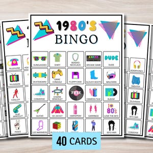 Jaren 80 bingo voor volwassenen, verjaardagsspel voor volwassenen, 40e verjaardagsspel, jaren 1980, familiespelavond, retro verjaardagsspel, kinderbingo, afdrukbaar spel
