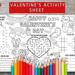 May include: Valentine's Day activity sheet with a red banner. The black and white sheet features a maze, tic-tac-toe, word scramble, and other games. A rainbow of colored pencils lines the bottom.