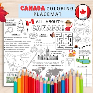 CANADA kinderkleurplacemat, kinderkleurplaat activiteitenblad, Canadese trivia, kinderrestaurantplacemat, gemaakt in Canada, placemat voor kinderen