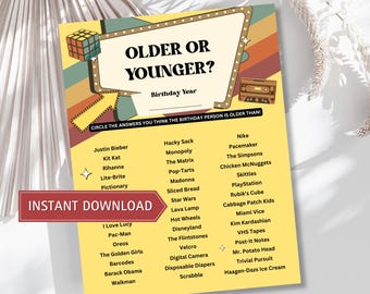Juego de fiesta de cumpleaños retro: ¿Más joven o más mayor? - PDF imprimible
