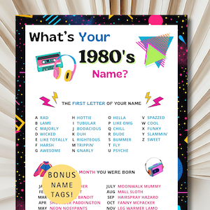 1980&#39;s Name Game, Funny Adult Game, Adult Birthday Games, 40th Birthday Party, Funny Kids Game, Instant Printable Download Games, Vintage