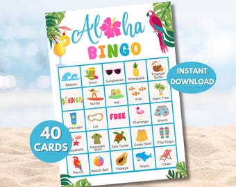 Bingo para fiestas luau: 40 tarjetas con temática hawaiana (descarga en PDF)