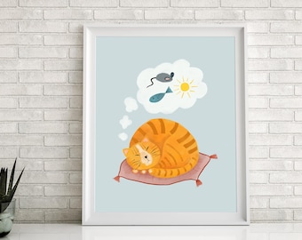 orange cat energy, sleeping orange cat, orange cat art, nursery cat art