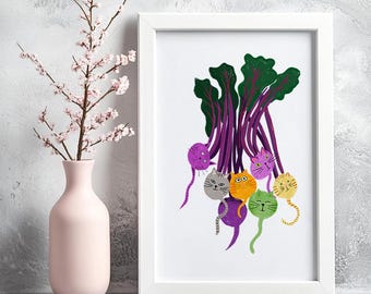 Kitchen vegetable cat print, cat wall art print, kitchen cat, whimsical cat print, cat lover wall art, funny cat print, vegetable cat prints