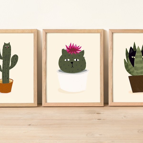 Set of three cat prints, cat wall art print, cactus cat, whimsical cat print, cat lover wall art, funny cat print, cat plant prints