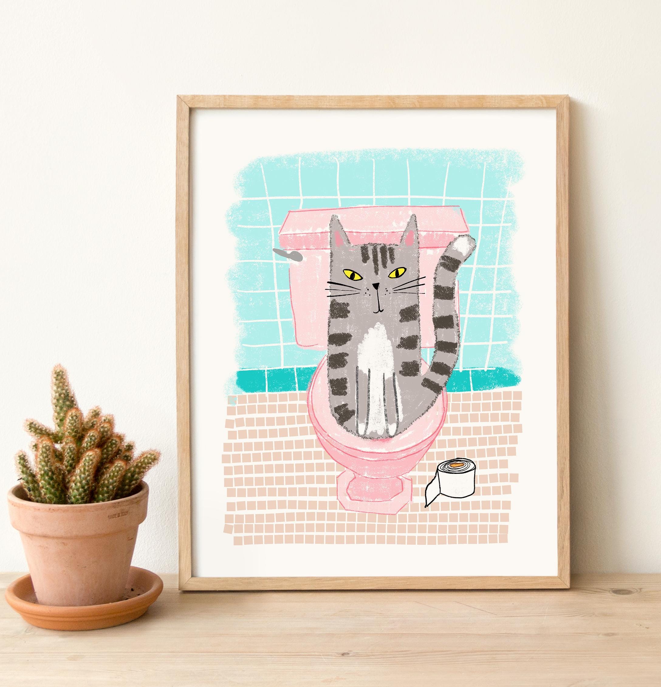 Cat Art Print, Cat Bathroom Art, Cat on a Toilet, Bathroom Cat ...