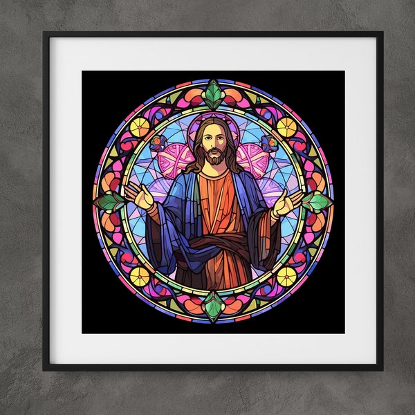 Jesus Art Neon Glowing Stained Glass Style Rich Jewel Tones - Unique Spiritual Decor - Magical Whimsical Digital Download Print High Quality