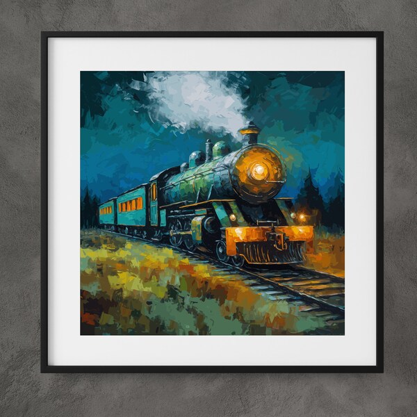 Steam Locomotive Countryside Journey Classic Art Impasto Oil Painting Vintage Travel Nostalgia Timeless Artwork Train Enthusiasts Lovers