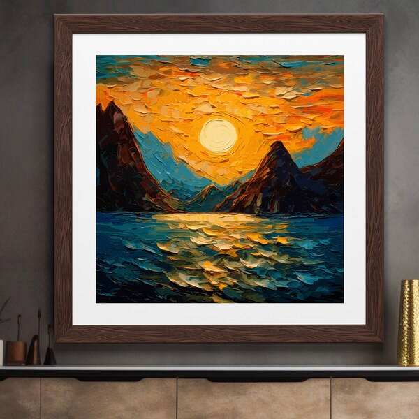 Majestic Mountain Range Sunset Oil Painting Impasto Art - Dark Turquoise Bronze Orange Adventure Spirit Moonlit Seascape Enthusiast Gift