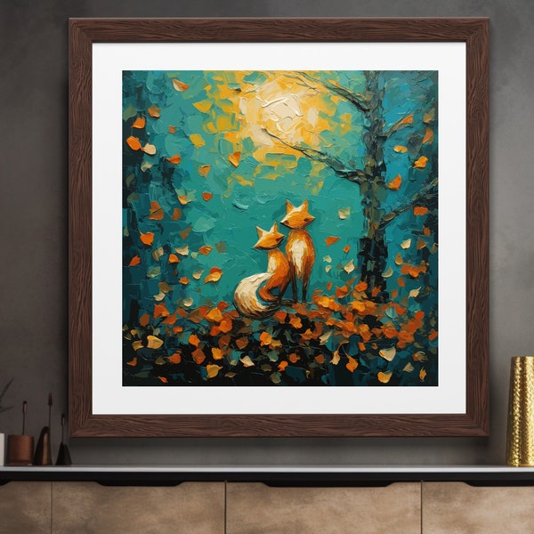 Loving Foxes Oil Painting Style Imparto Fairy Tale Harvest Moon Romantic Scenery Moonlit Turquoise Red Fox Art Digital Animal Gift Romance