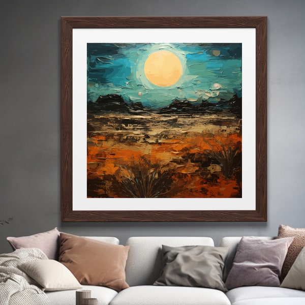 Dramatic Desert Landscape Oil Painting Impasto Technique Moonlit Scenery Stunning Natural Beauty - High-Quality Digital Download