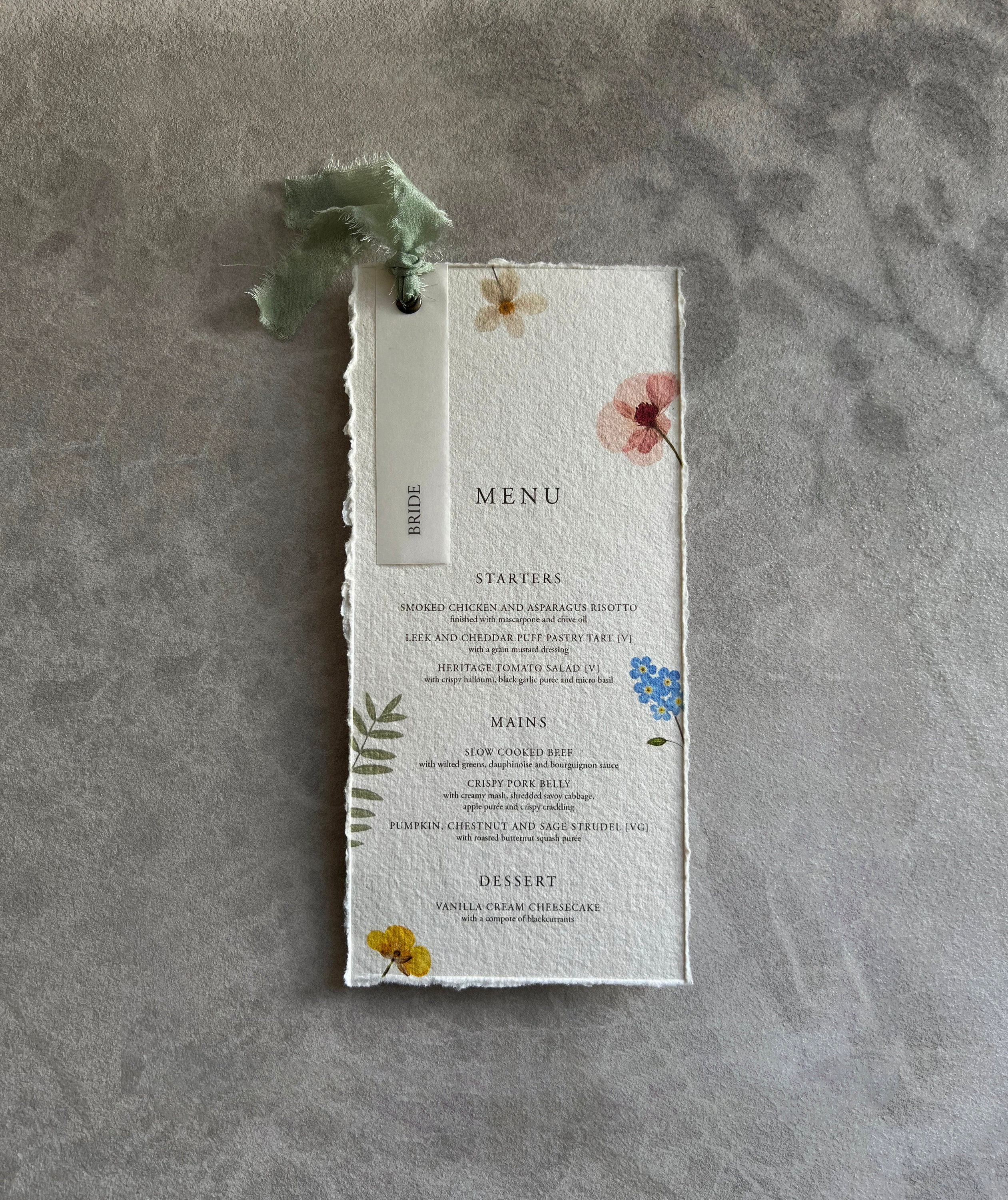 Wildflower Wedding Menu & Place Cards: Handmade Cotton Rag Paper, Silk Ribbon