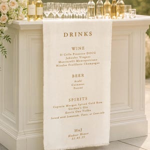 Linen Fabric Wedding Bar Menu Sign: Frayed Edge Cotton Drinks Banner