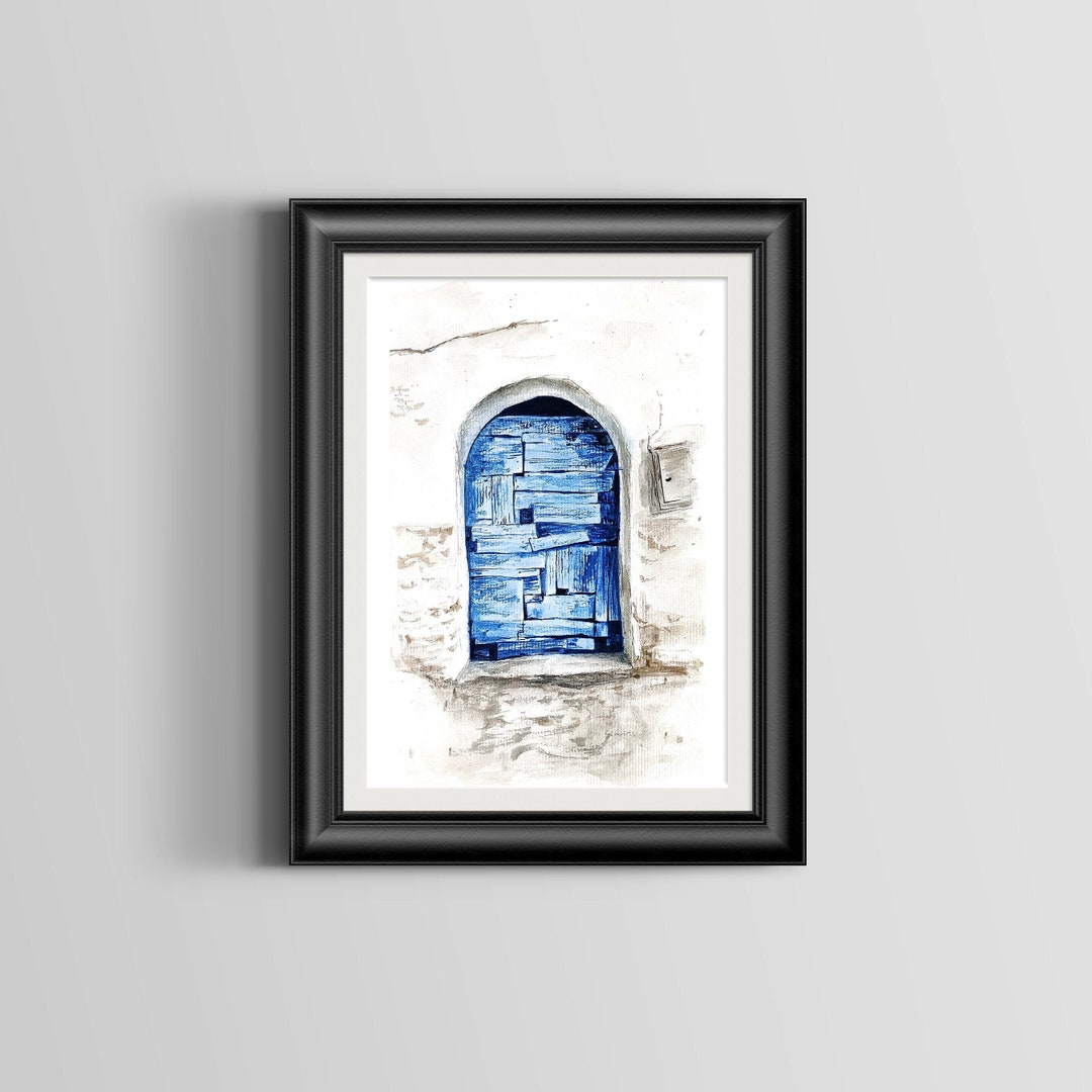 Chefchaouen Old Door Watercolor Painting Chefchaouen Blue Etsy