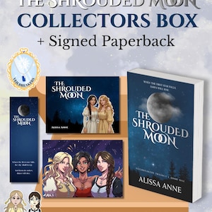 May include: A collector's box set for The Shrouded Moon, featuring a signed paperback book, a bookmark, and art prints. The items display illustrations of characters and a moonlit sky. The text reads The Shrouded Moon Collectors Box + Signed Paperback.