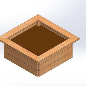 Puede incluir: Una jardinera cuadrada de madera con acabado marrón claro. La caja tiene un diseño en capas con un interior marrón oscuro, adecuado para plantar flores o verduras. Los bordes superiores están en ángulo.
