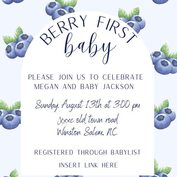 BERRY FIRST BABY - blueberry - baby boy- baby shower - invitation