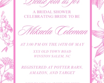 PINK FLORAL - bridal shower - invitation - digital download