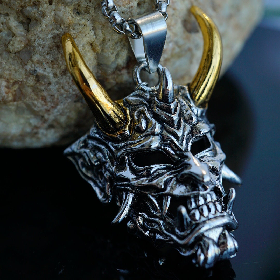 Hannya Oni Mask Necklace Silver Gothic Skull Necklace Evil Etsy