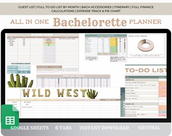 Complete Neutral Bachelorette Planner - Google Sheets | 7 Tabs | Finance | Itinerary | Checklist | Western Theme