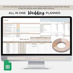 COMPLETE Wedding Planner - Google Sheets - Digital Planner - 20 tabs with auto-filled functions and menus - 200+ wedding checklist included