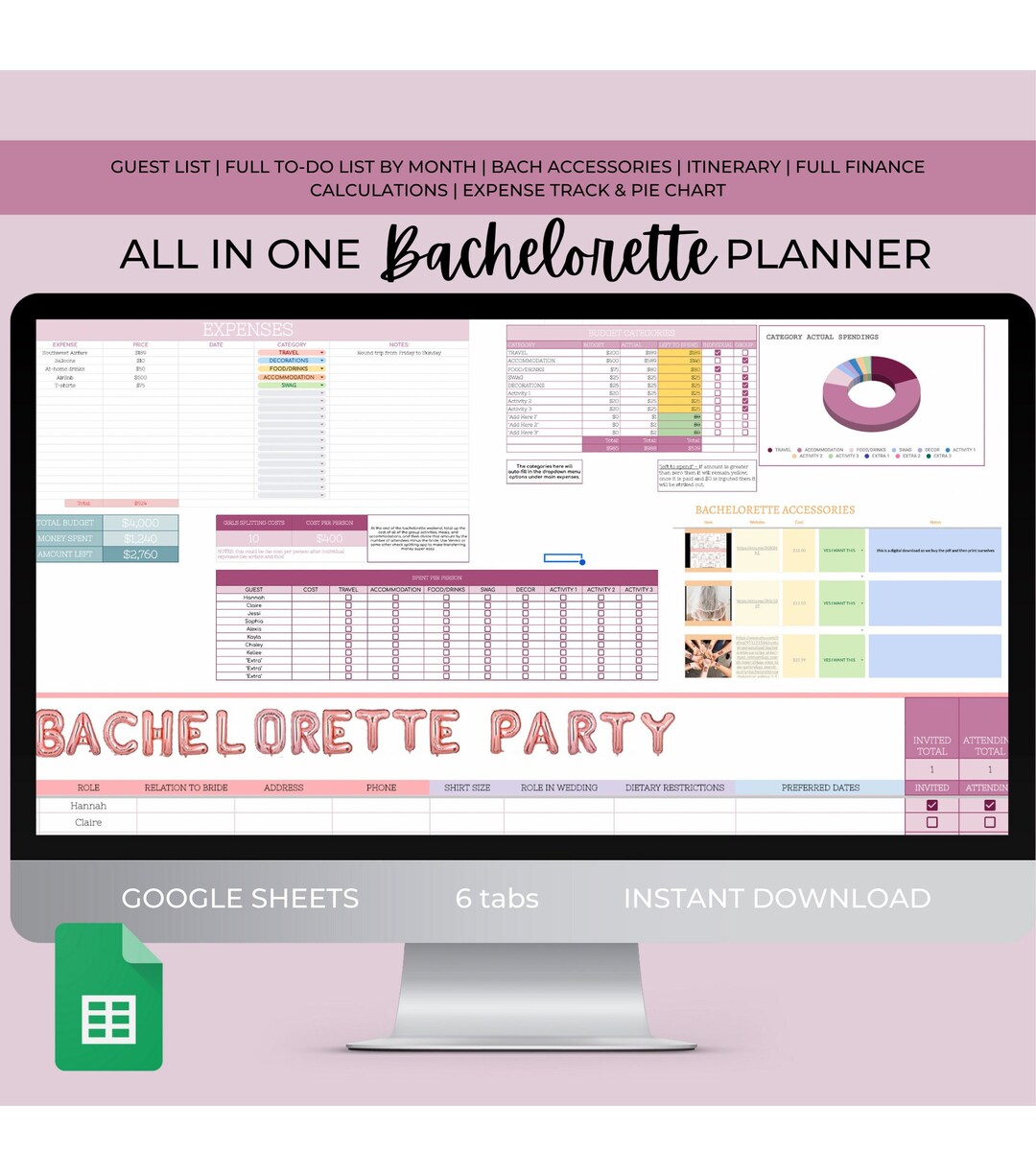 COMPLETE Bachelorette Party Planner Google Sheets Digital Planner