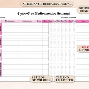 Pode incluir: Um rastreador de medicamentos semanal imprimível no tamanho US Letter. O gráfico com detalhes em rosa inclui seções para medicamentos, indicações, dosagem e um cronograma diário. O texto inclui "AL INSTANTE DESCARGA DIGITAL" e "GRATIS! EDITABLE PDF".