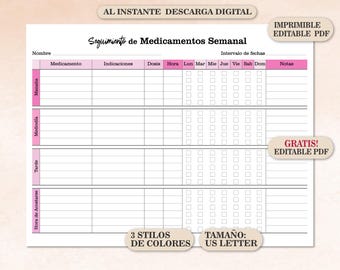Seguimiento de Medicamentos Semanal, Imprimible PDF Editable, Control Medico