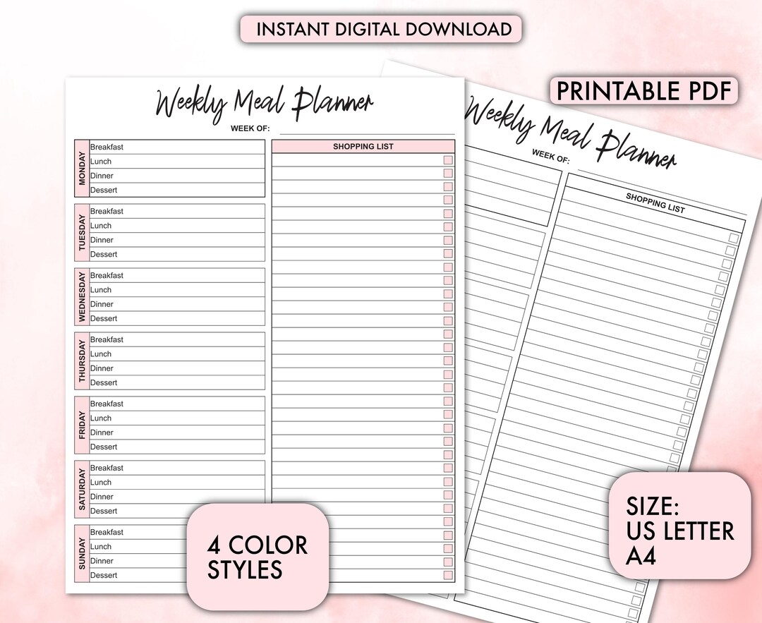 Weekly Meal Planner Printable, Grocery List Organizer (digital Download ...
