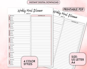 Weekly Meal Planner, Meal Prep and Grocery List Organizer, Plan Healthy Meals, Save Time and Stay Organized, Digital Printable Meal Tracker