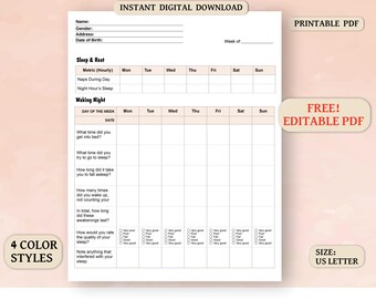 Sleep and Rest Tracker,  Printable Waking Night Log,  Weekly Sleep Journal PDF