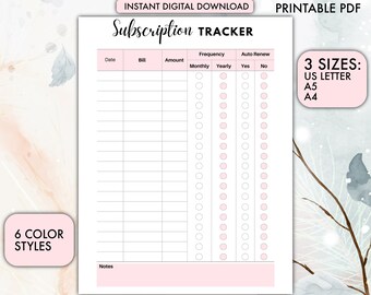 Subscription Tracker, Expense Tracker, Bill Tracker, Spending Tracker, Payment Tracker, Membership Checklist, Bills Tracker,Expenses Tracker