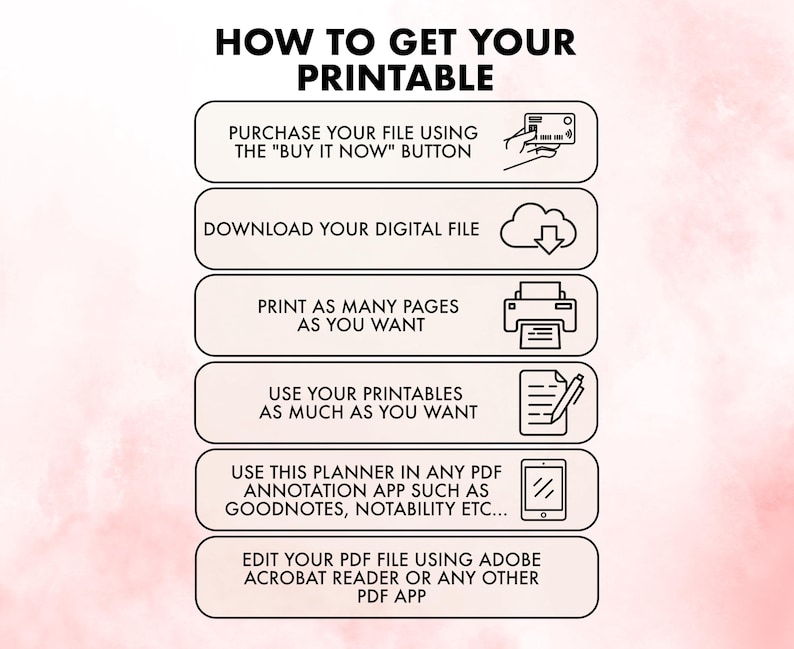 May include: A pink and white digital illustration with instructions on how to get your printable. The text reads: "HOW TO GET YOUR PRINTABLE", "PURCHASE YOUR FILE USING THE "BUY IT NOW" BUTTON", "DOWNLOAD YOUR DIGITAL FILE", "PRINT AS MANY PAGES AS YOU WANT", "USE YOUR PRINTABLES AS MUCH AS YOU WANT", "USE THIS PLANNER IN ANY PDF ANNOTATION APP SUCH AS GOODNOTES, NOTABILITY ETC...", "EDIT YOUR PDF FILE USING ADOBE ACROBAT READER OR ANY OTHER PDF APP".