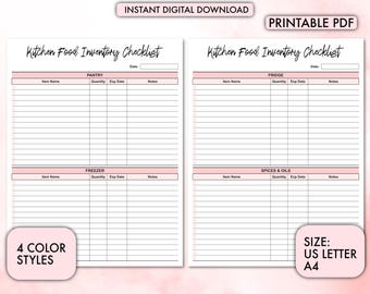 Kitchen Food Inventory Checklist, Pantry, Fridge and Freezer Organizer, Meal Planning and Grocery List Tracker, Printable Kitchen Inventory