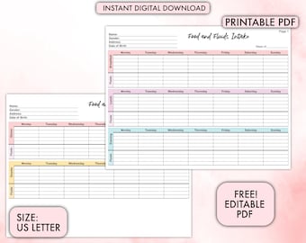 Food and Fluids Intake Tracker, Weekly Daily Food, Weekly Fluids Tracker, Food Intake Tracker