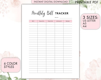 Monthly Bill Tracker, Bill Tracker, Monthly Bill Tracker Printable, Bill Payment Tracker, Bill Payment Checklist, Monthly bill Log
