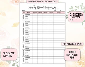 Weekly Blood Sugar Log, Diabetes Glucose Tracker, Fasting Version, Health & Wellness, Blood Sugar Tracker,Printable Blood Log