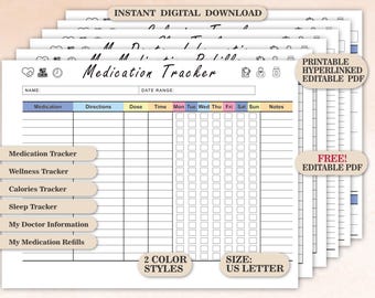 Medication and Wellness Tracker  Printable Health Log  Sleep, Calories, Doctor Info & Refill Planner