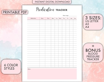 Medication Tracker, Medication List, Medication Log, Blood Pressure Tracker, Blood Pressure Log, Medicine Tracker, Suplement Tracker