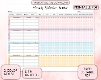 Monthly Medication Tracker, Digital Planner, Medication Planner, Medication Log, Medicine Tracker, Supplement Tracker