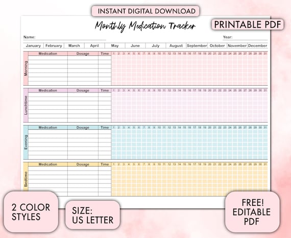 Monthly Medication Tracker, Digital Planner, Medication Planner, Medication Log, Medicine Tracker, Supplement Tracker