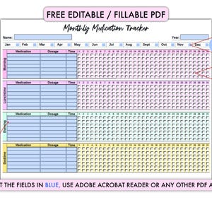 May include: A printable monthly medication tracker with a light blue, pink, and yellow color scheme. The tracker has sections for morning, lunchtime, evening, and bedtime. It includes fields for medication, dosage, and time. The tracker is free, editable, and fillable.