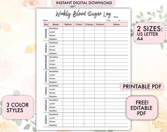 Weekly Blood Sugar Log, Diabetes Glucose Tracker, Health & Wellness Monitoring Journal, Blood Sugar Tracker,Diabetes Log,Printable Blood Log