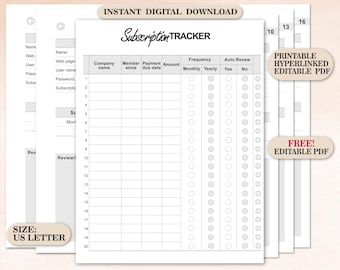 Subscription Tracker Planner  Printable Expense Log  Bill Organizer & Renewal Reminder