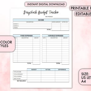 Printable Paycheck Budget Tracker Editable | Manage Finances & Savings | Instant Download | Editable PDF